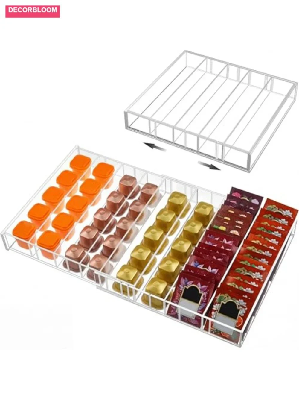 Expandable Acrylic Coffee Pod Holder for 35-70 Capsules or Tea Bags, Adjustable